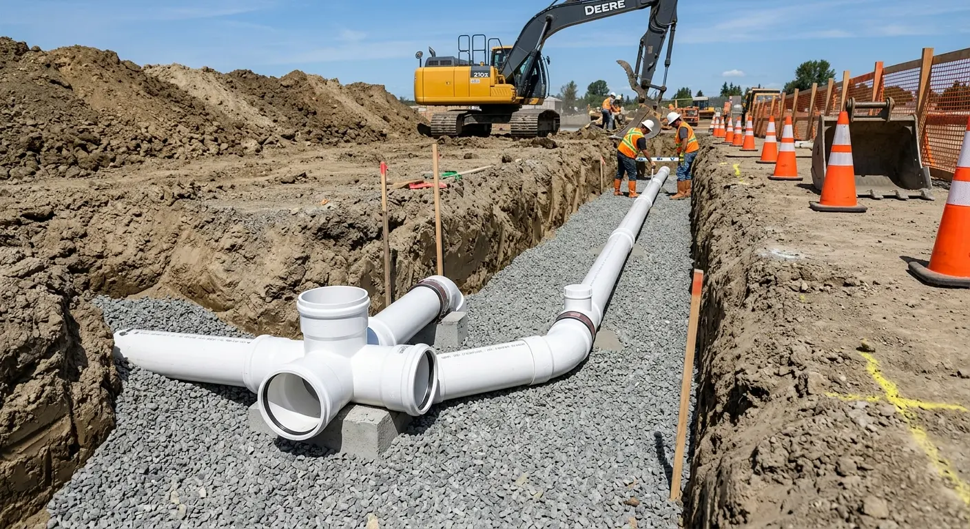 New PVC sewer pipe installation in open trench for Commercial Drain Cleaning in Vandalia