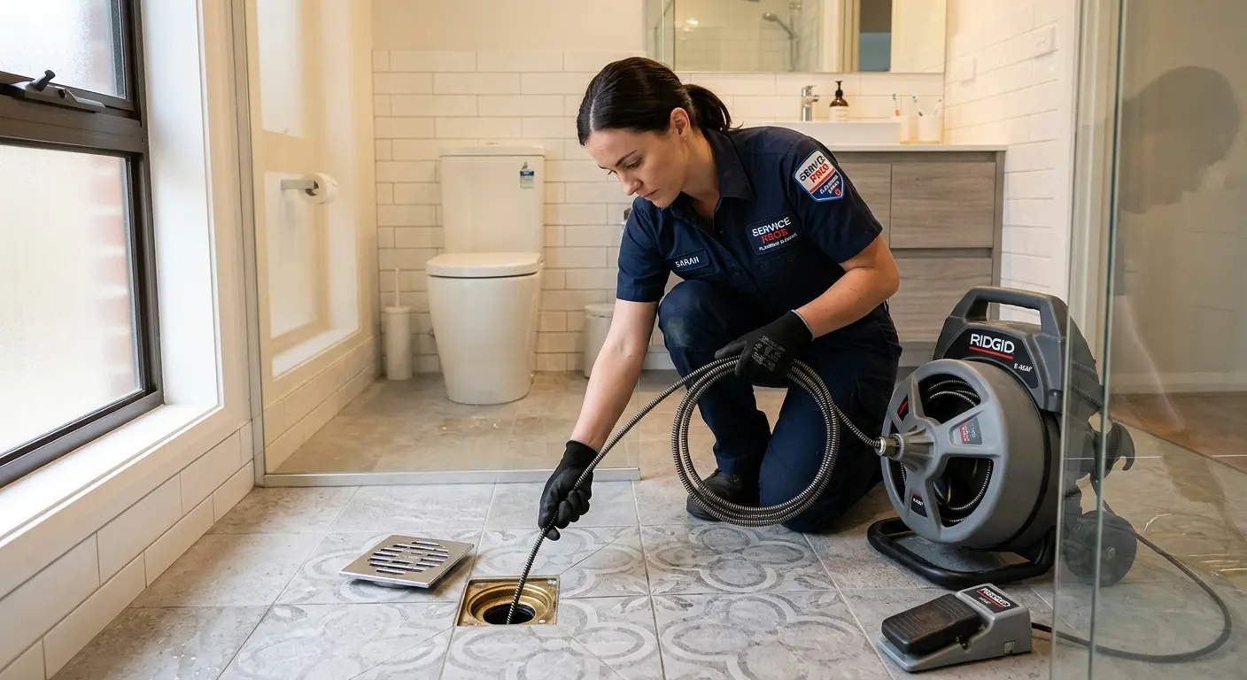 Technician clearing a bathroom floor drain for Hydro Jetting in Vandalia